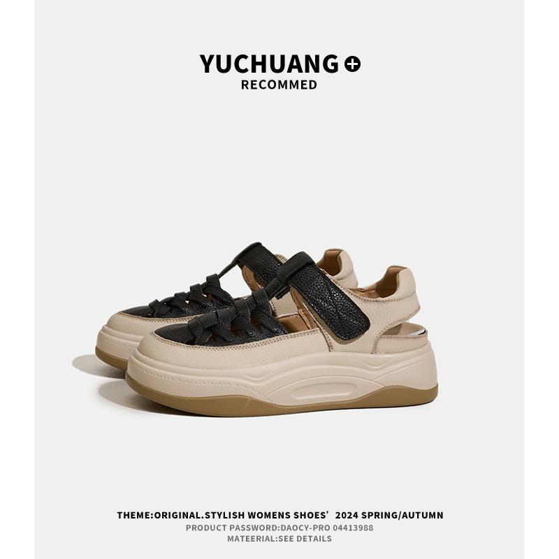 The first layer of cowhide thick-soled breathable sandals women's new hollow color matching summer women's sandals