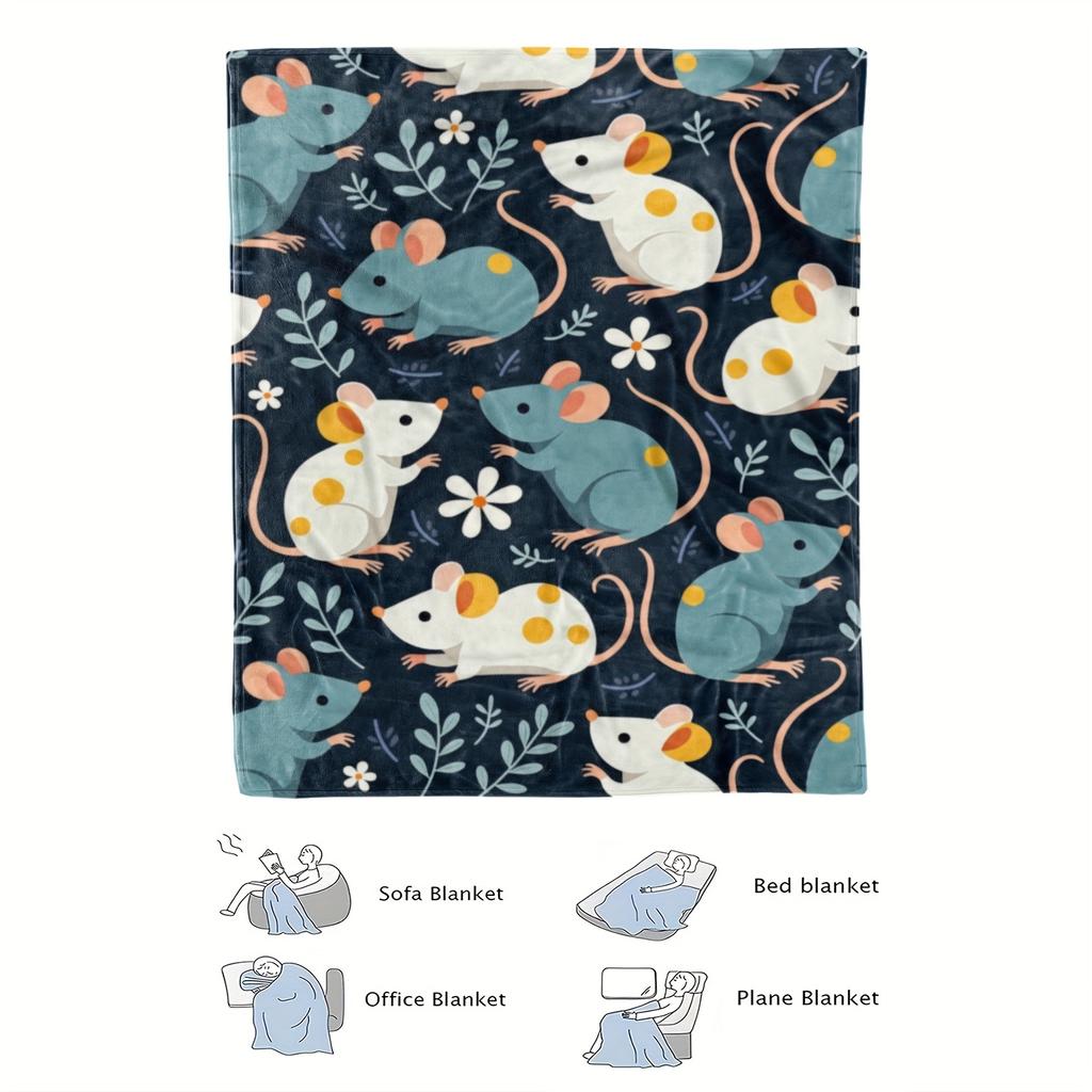 Cozy Blue Mouse-Themed Flannel Blanket - Soft, High-Quality Digital Print with Adorable Mice & Flowers, Perfect Gift for All Sea