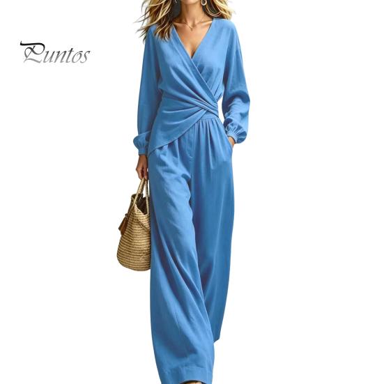 Casual Women Outfit Women's Long Sleeve 2 Piece Sets, Irregular Hem V Neck Top Comfortable And Wide Leg Pants Matching Travel Vacation Outfits