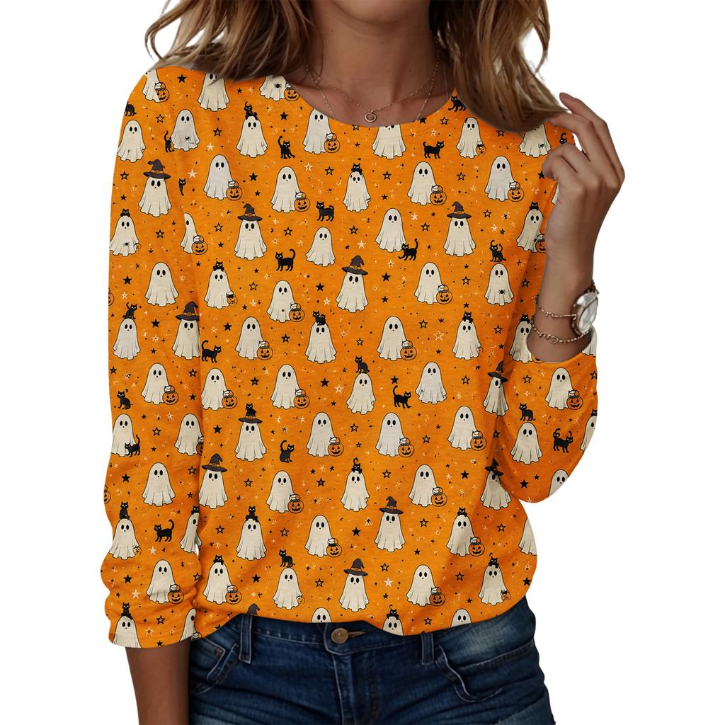 Women's Casual Long Sleeve Halloween Print Round Neck Top