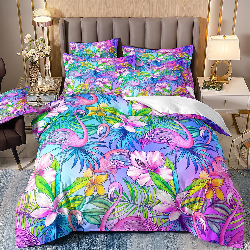 Flower Flamingo Bedding Set For Girl,Flamingos Full Bed Set,2 People Comforter Cover,Pink And Black Pdouble Bed Cover,Microfiber