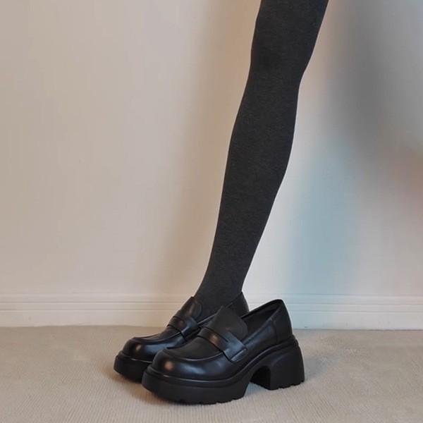 Sheepskin version~ Leather platform muffin one-pedal loafers women's retro British black versatile small leather shoes single shoes