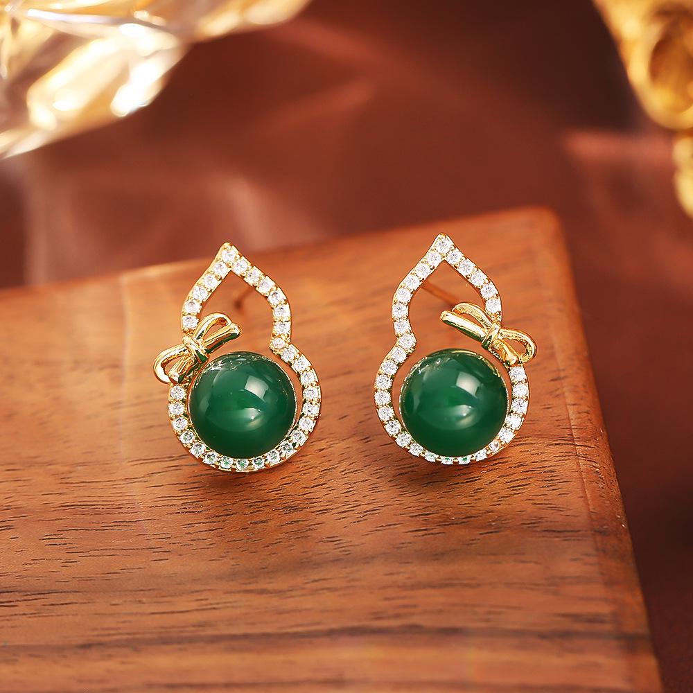 

Chinese Emerald Agate Gourd Stud Earrings - Auspicious, Elegant High-End Women s Fashion Jewelry