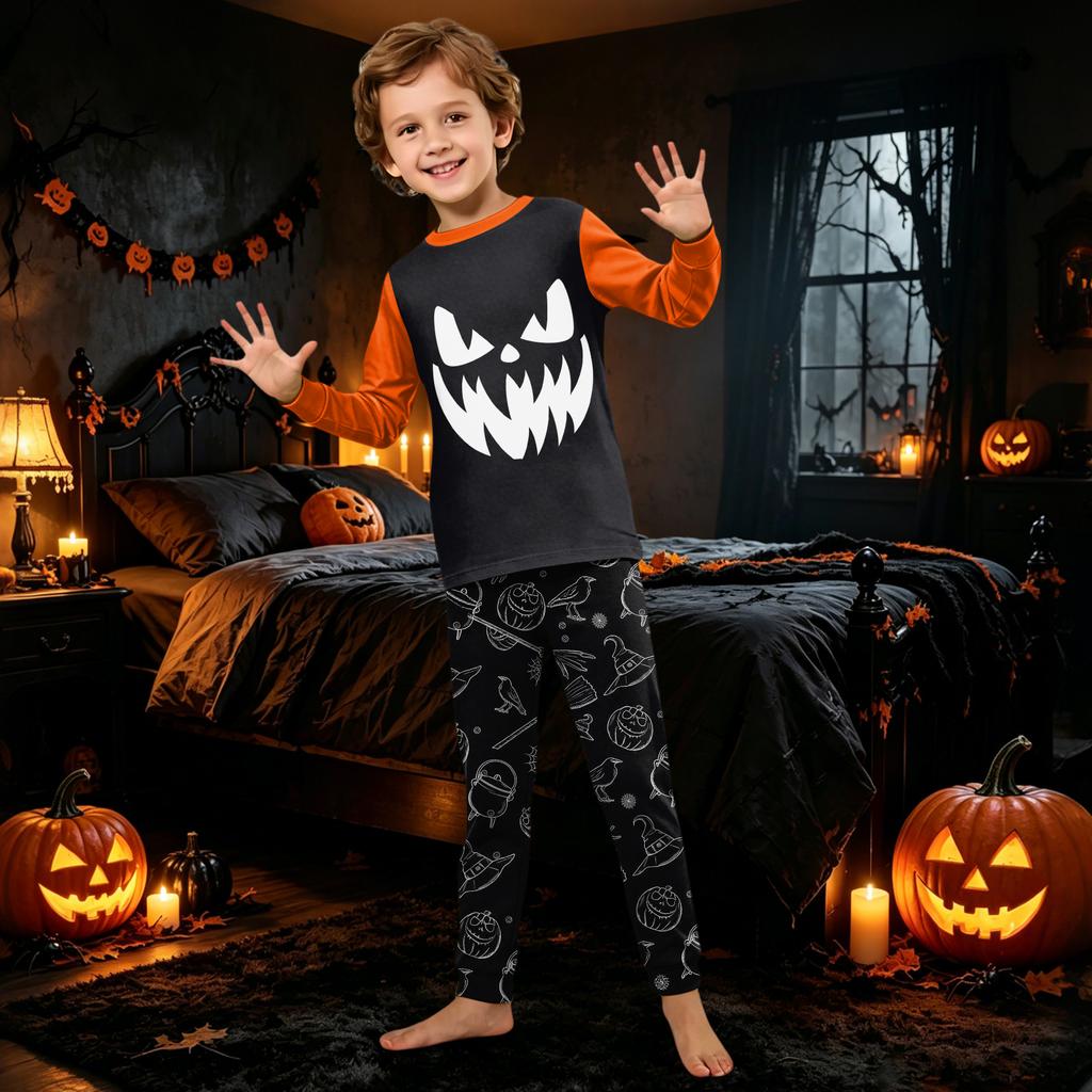 Family Matching Halloween Printed Round Neck Long Sleeve Pajama Set with Long Pants for Women and Children