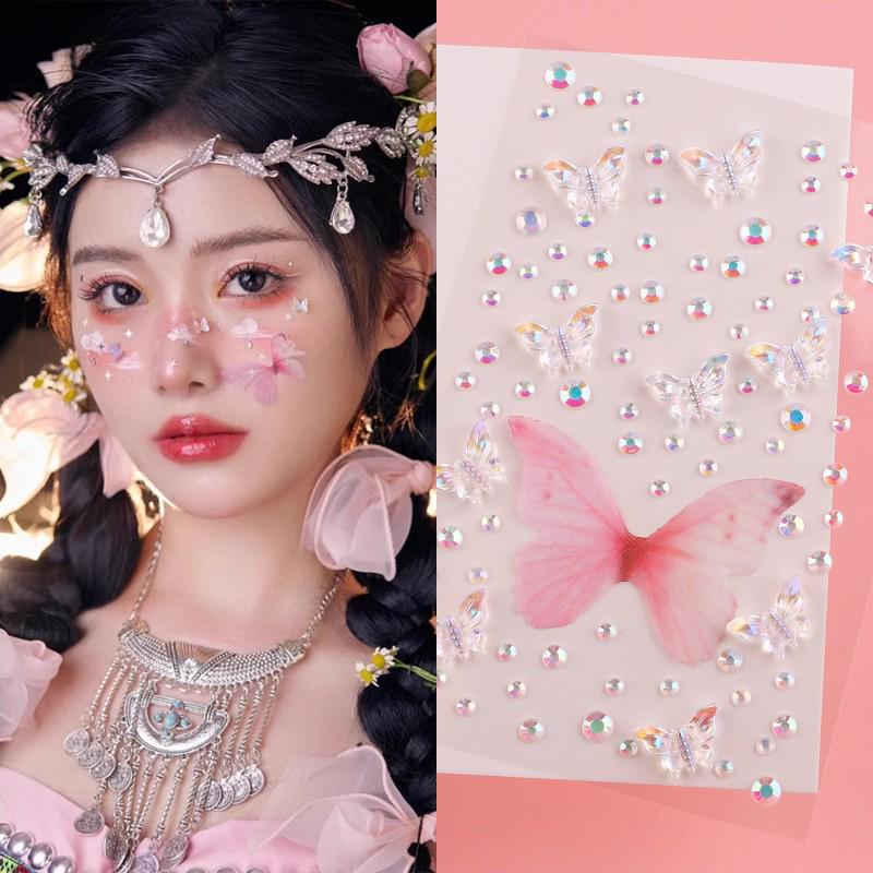 3D Butterfly & Star Face Sticker Set with Rhinestones & Pearls for Kids