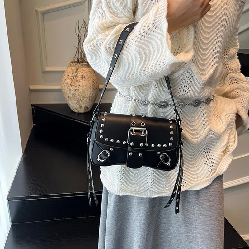 Trendy Punk Style Armpit Bag Large Capacity Underarm Bag Vintage Style Handbag Rivet Design Shoulder Bag For Women