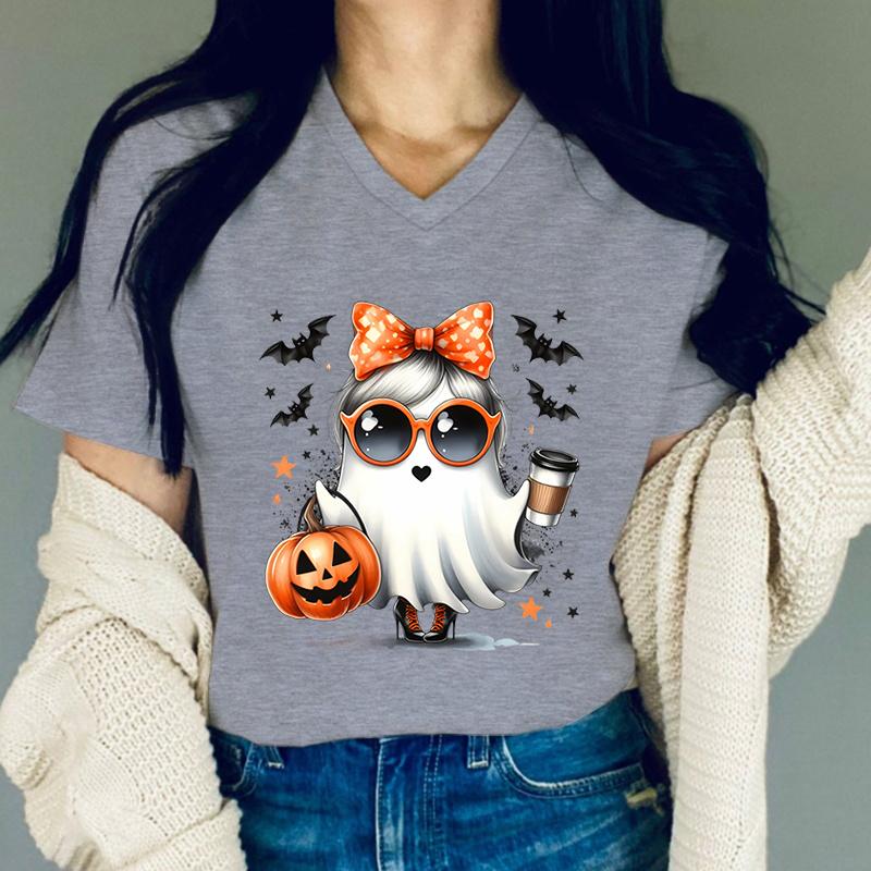 Halloween Ghost Graphic T Shirts Women Pumpkin Coffee Lovers Tshirt Fashion Ghost Print Women Funny Halloween Casual Tshirts