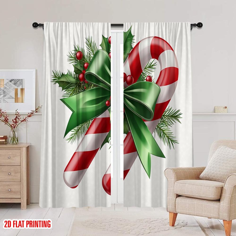 2Pcs,2D Plane Printing Creative Curtains Christmas Candy Cane Ribbon Berry (4) Polyester Woven (Without Rod) Versatile All Ldeal