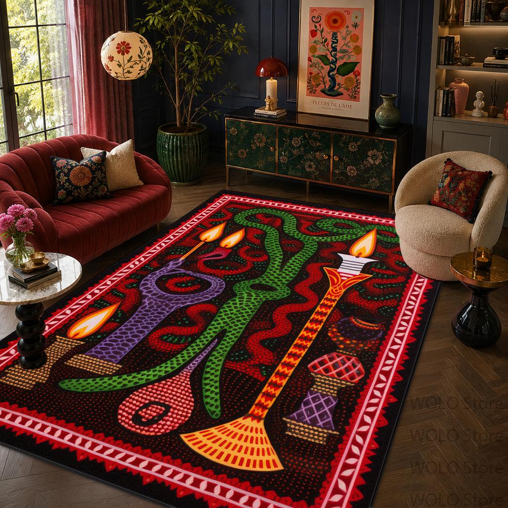 Bohemian Retro Floral Snake Print Living Room Carpet Machine Washable Easy Clean Lounge Rug Fluffy Soft Bedroom Decoration Mat