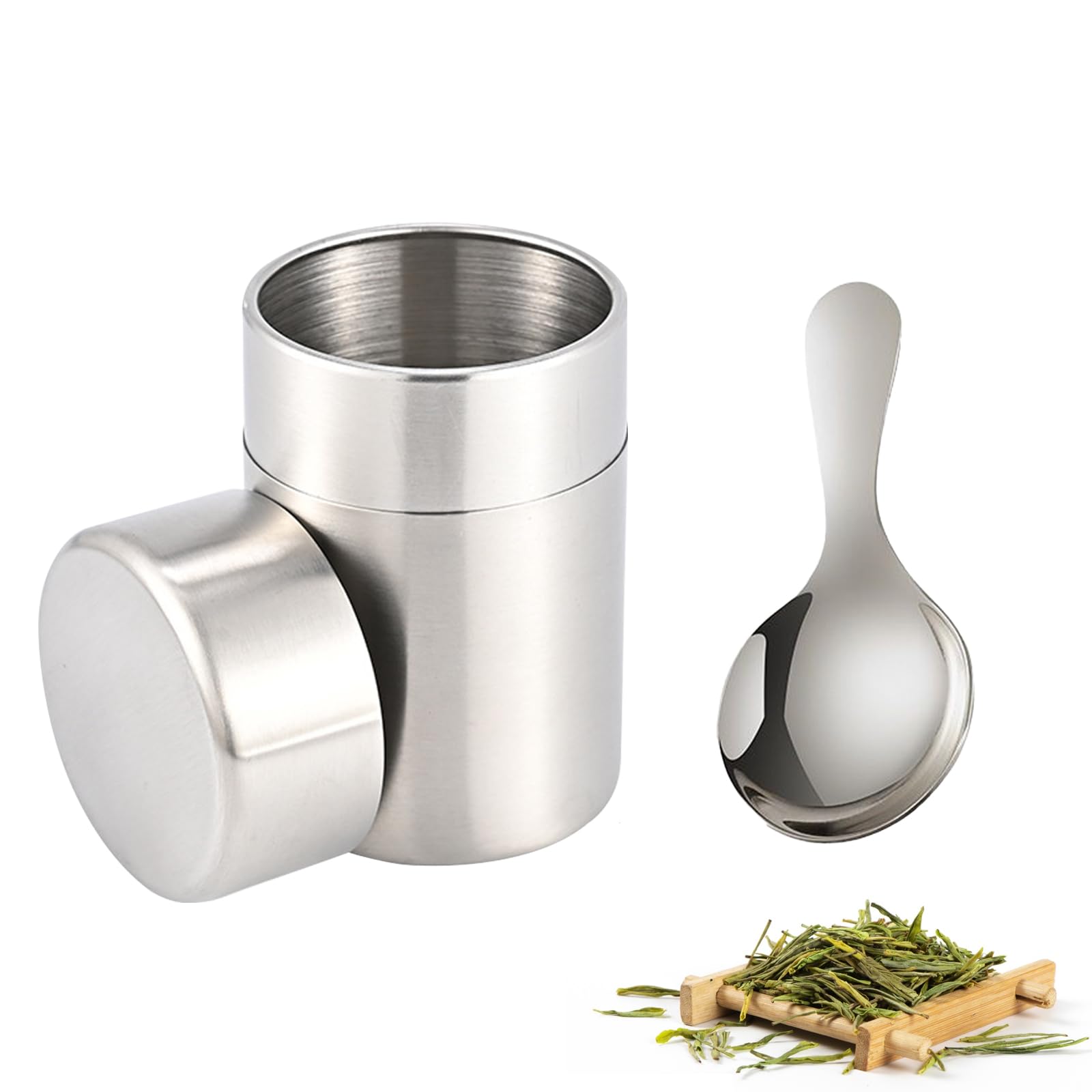 

Stainless Steel Tea Caddy with Double Lid, 400ml, Tea Container with Teaspoon, Airtight, Light-Blocking, Keeps Tea Fresh, Stylish Tea Storage for