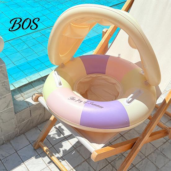Multipurpose Swim Ring Baby Pool Float with Canopy, Vintage Striped Inflatable Safety Portable Seat & Handle, Sun Protection Swimming for Toddler