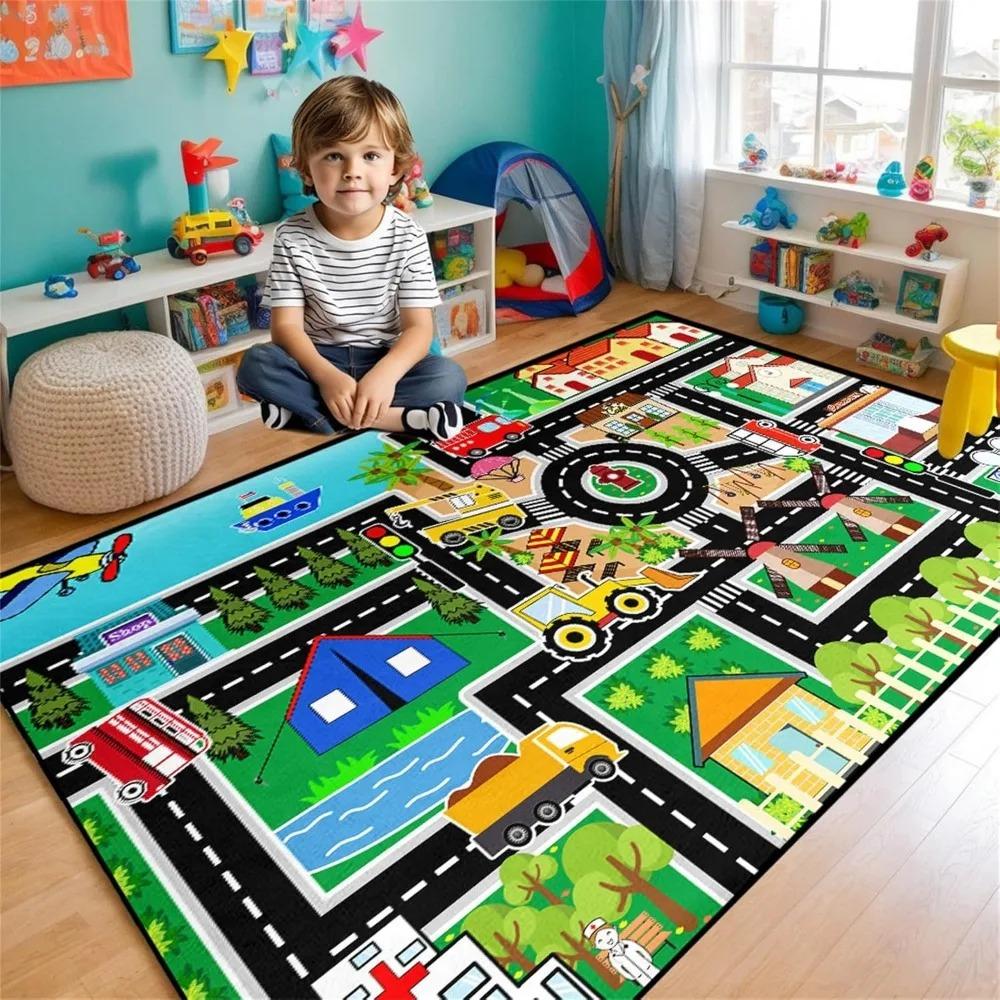 City Life Kids Car Road Rug Educational Traffic Play Mat with Supermarket Police Car Children's Bedroom Playroom