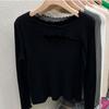Women's Autumn and Winter Wooden Ear Edge Top Sexy Slim Fit Solid Color Hollow Neckline Design Sweater