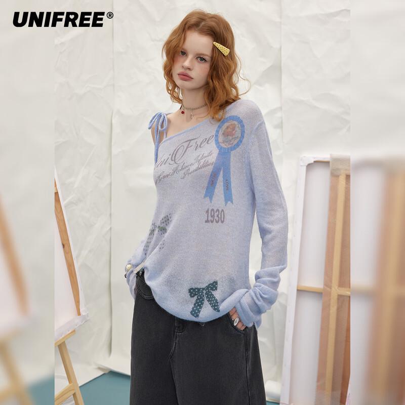 UNIFREE Retro Graffiti Print Off-Shoulder Knit Pullover S
