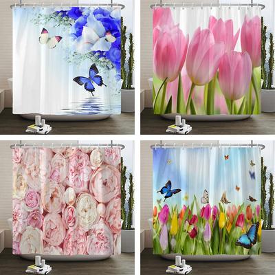Blumendruck Tulpe Blumen Duschvorhang Wasserdicht Polyesterstoff Badezimmervorhang Mit Haken 180x180cm Dekorative Vorhang