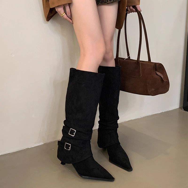 Suede Pointed Pleated Piled Boots Women's 2025 Autumn and Winter New Removable Two-wear Thin Heel Boots High Heel Short Boots