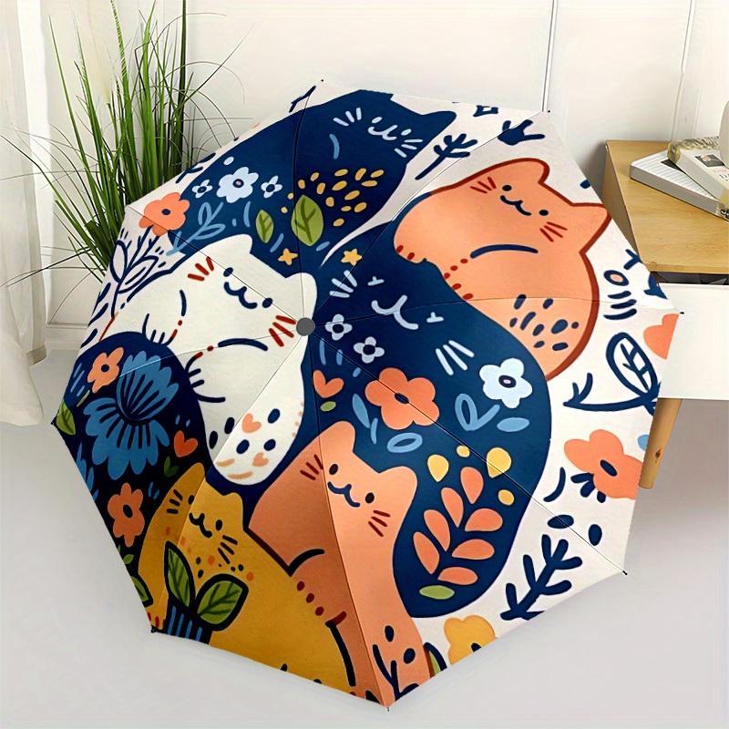 1pc Cats Flowers Automatic Umbrella   Auto Open/Close Folding Umbrella with  8 Rib Frame, 3 Fold Compact Umbrella for Men & Women, 102