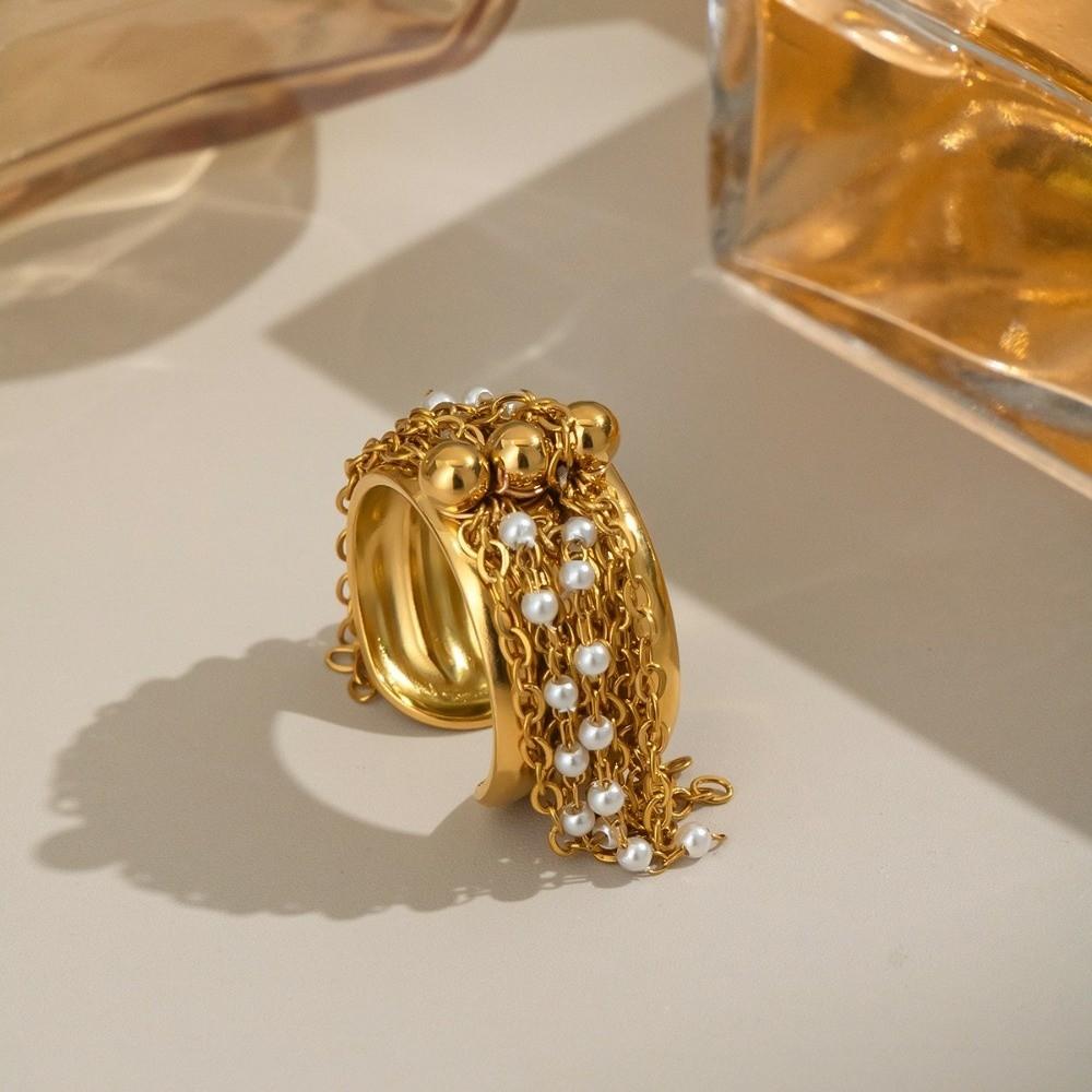 Three-Layer Tassel Ring Beaded Chain Open Finger Ring Gold Color Plated Ring Jewelry Accessories