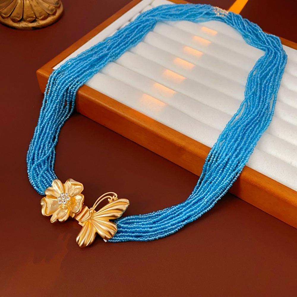 

Bohemian Multilayered Beads Necklaces Rhinestone Exaggerated Choker Wedding синий