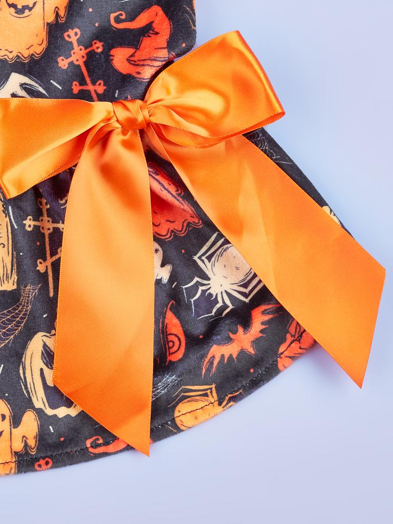 Halloween Lightweight Velvet Clothes Dog Costume Puppy Dress Doggie Party Girl One Piece with Bowknot Holiday Cat Outfits Black