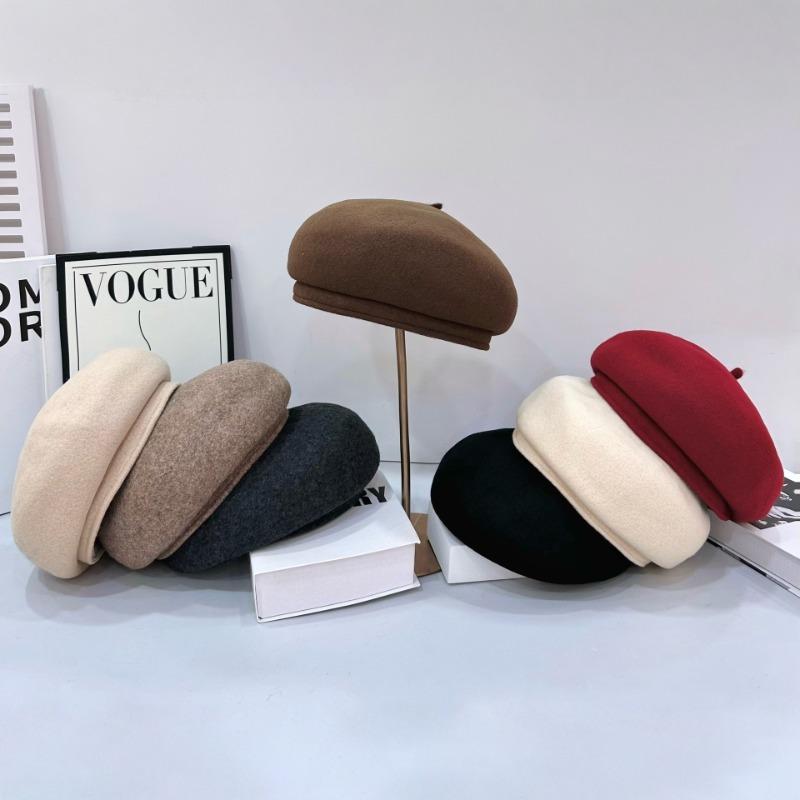 25 Early Autumn New High-quality Woolen Beret Women's Big Head Circumference Solid Color Face Small Painter Hat
