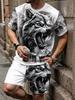 Herren Sommer Set Mode Wolf 3D Druck Kurzarm + Shorts 2-teiliges Set Tier Muster Lässig Schnelltrocknend Herren Sommer Sport Set