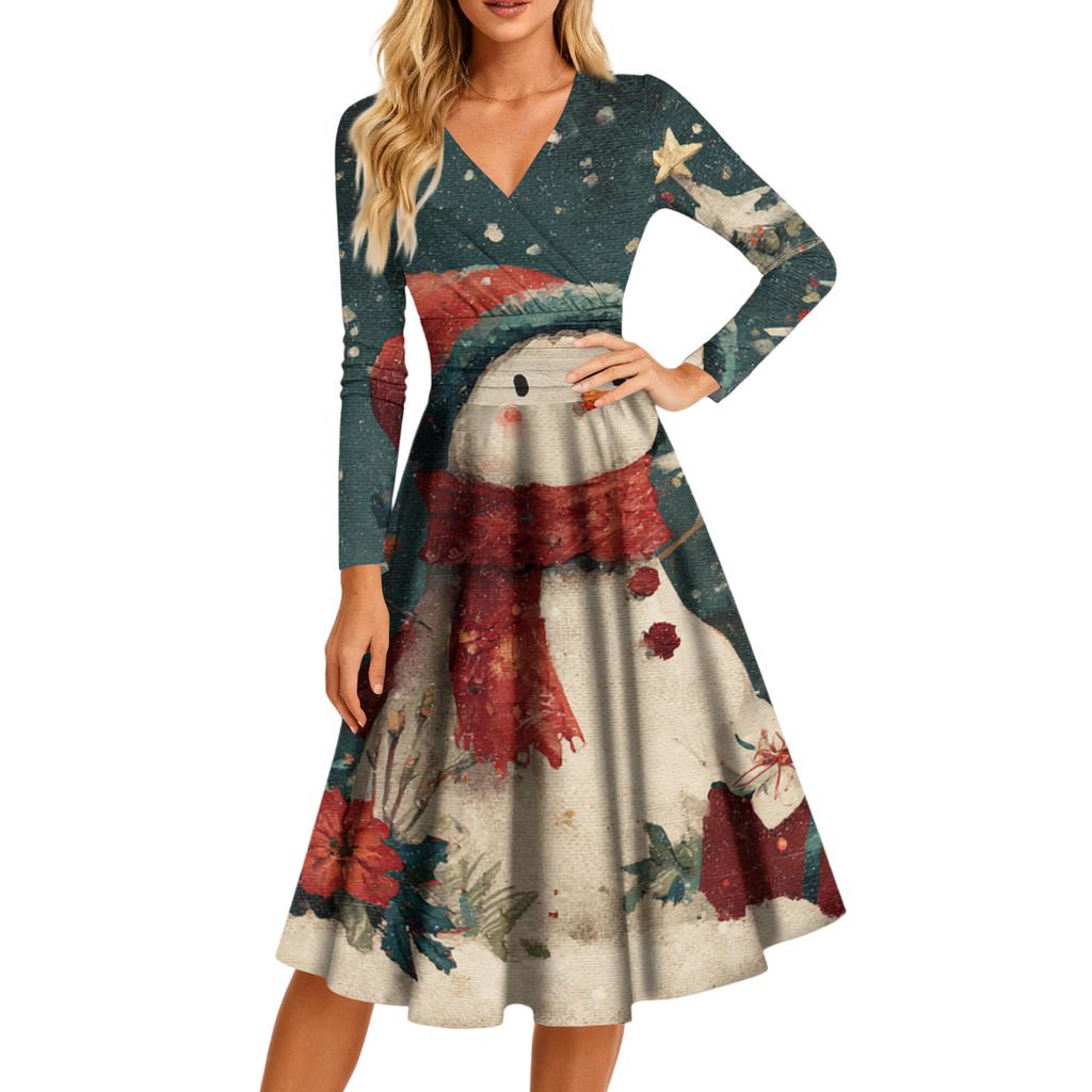 Ladies' Casual And Fashionable Christmas Tree Print Long Sleeved V-neck Sexy Pocket Dress