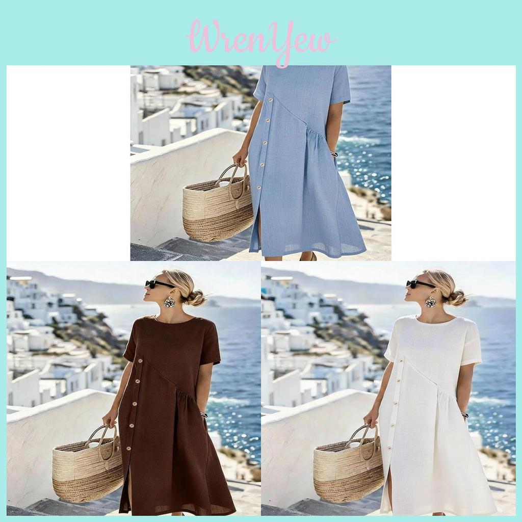 Casual Linen Cotton Dress With Button Decor For Summer Comfort And Office Style