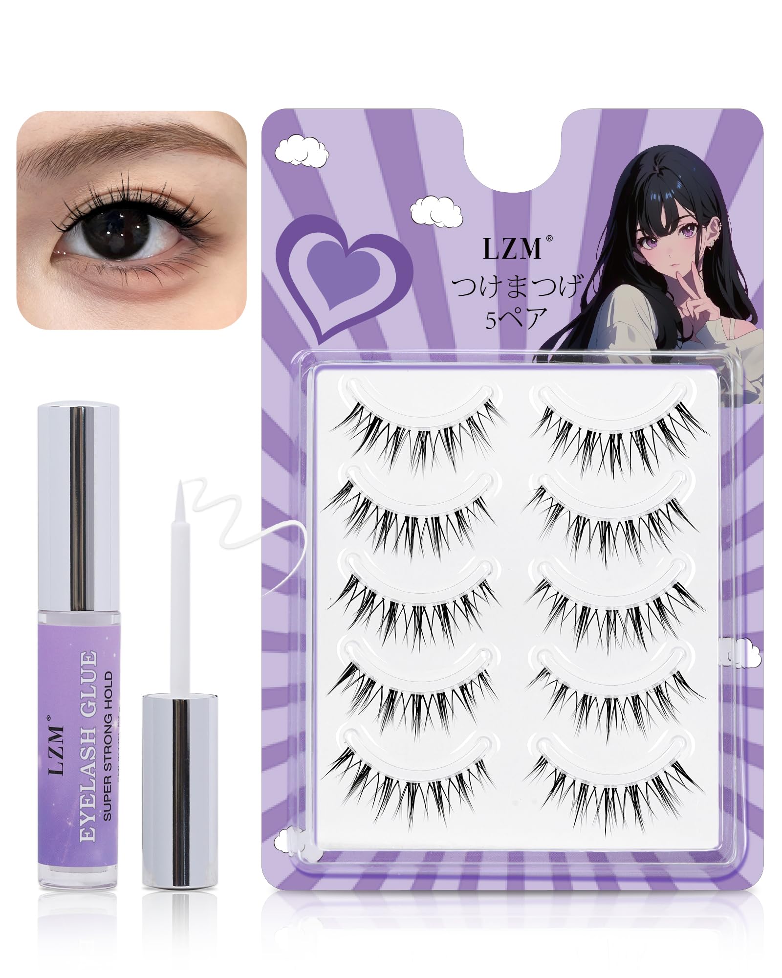 

LZM False Eyelashes with Adhesive Set: 5 Pairs of Eyelashes, 5g Adhesive, Natural Look, Thin Black Band, Upper Lashes, Strong Adhesive, Clumpy Look,