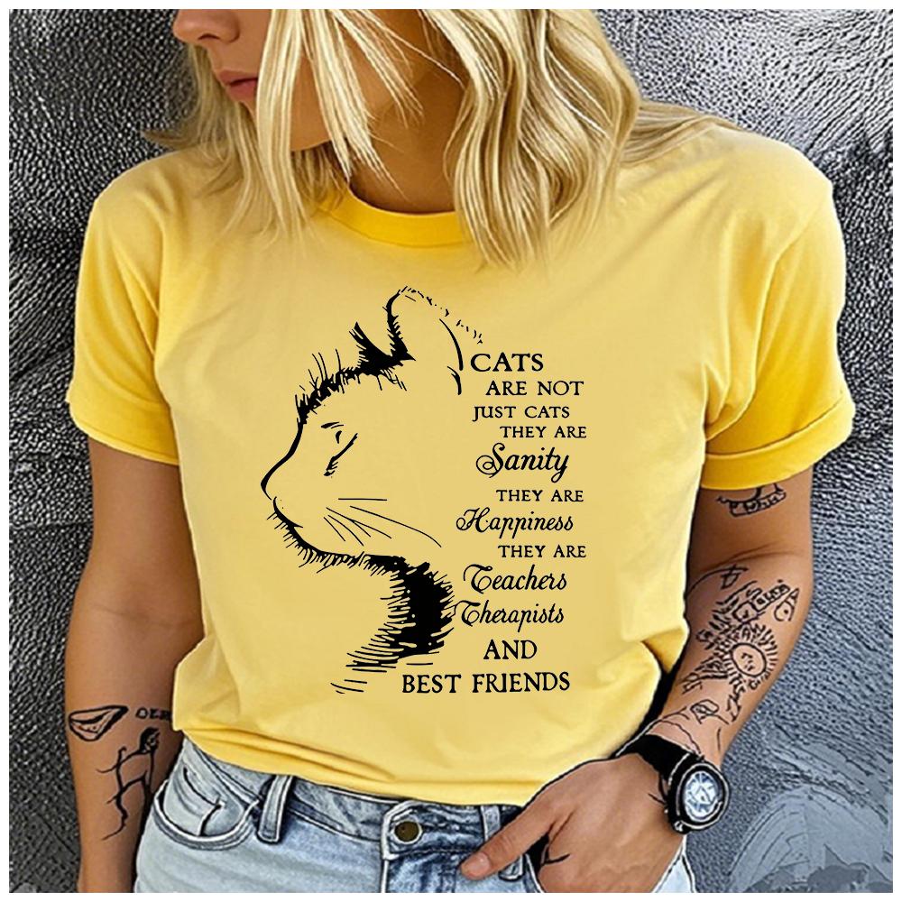 Unisex 100% Polyester Summer Top with Cat Profile Print Loose round Neck Short Sleeve Fashion for Astrology Lovers Black-White Stri