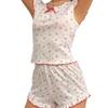Women's Spring Floral Patchwork Pajama Set - Mushroom Hem Top & Shorts.