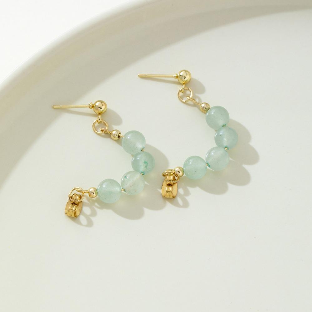Simple Retro Half-circle Beaded Green Aventurine Beaded Gold Color Hoop Earrings for Women New Chinese Style Aesthetic Jewelry