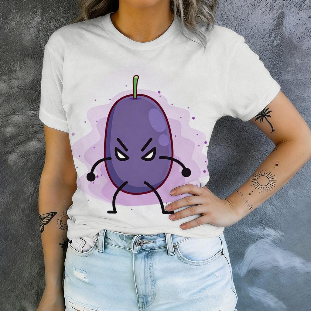 Simple Cartoon Grape Grain Printed Short Sleeved Round Neck T-shirt for Women's Summer Casual Versatile Daily Commuting Top