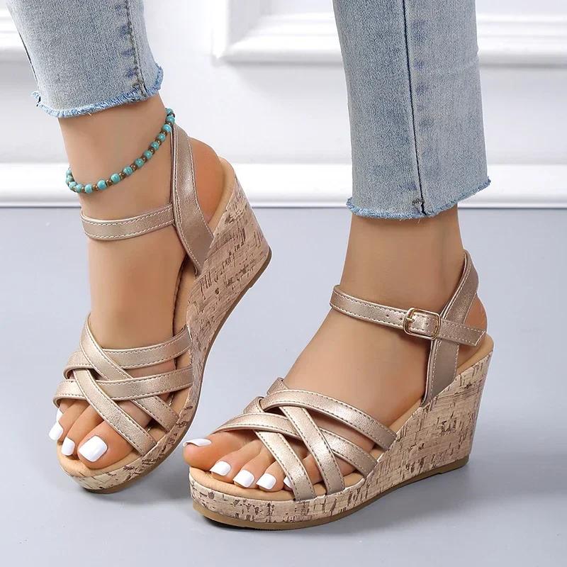 Neue Knöchelriemen Keilabsatz Sandalen für Damen 2025 Riemchen Dicke Plateau Sandalen Frau Sommer Schnalle Gladiator Schuhe Damen