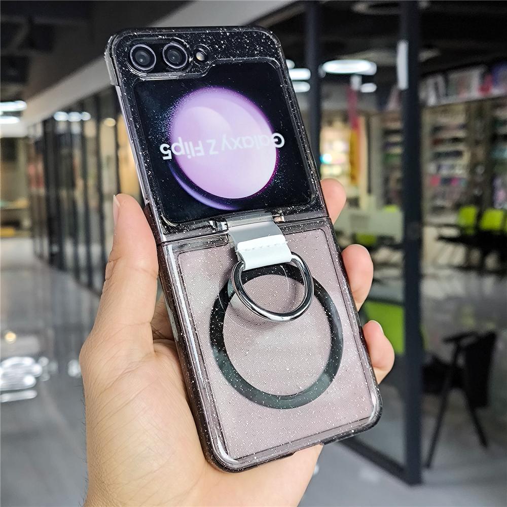 Glitter Transparent Magnetic Ring Holder Case For For Samsung Galaxy Z Flip 6 5 4 3 Wireless Charging Shockproof Cover For Z Flip6