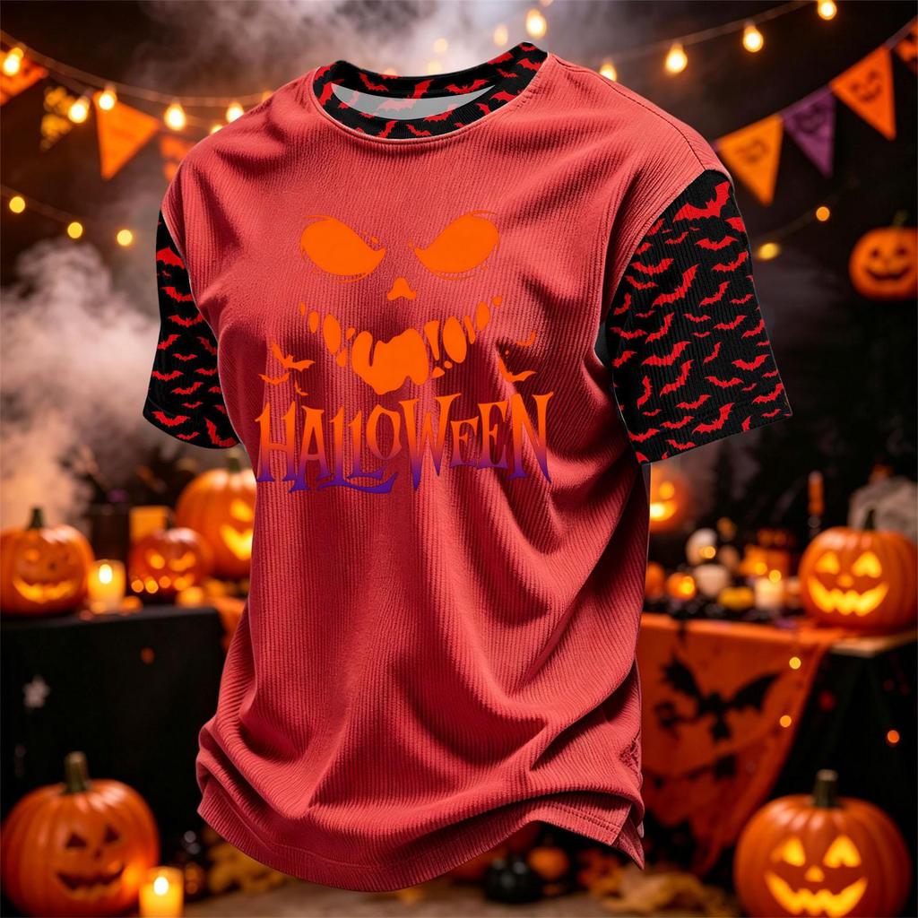 Men's Casual Corduroy Round Neck Lightweight Breathable Short Sleeve Top Halloween Print Lettering Design