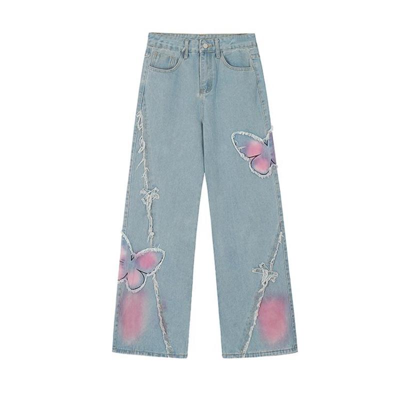 Butterfly Tie-Dye Bestickte Jeans für Damen Frühling Sommer Neuankömmling, Süße Coole Y2K Streetwear, Hochtaillierte Gerade Micro-Schlag Weitbein Hose