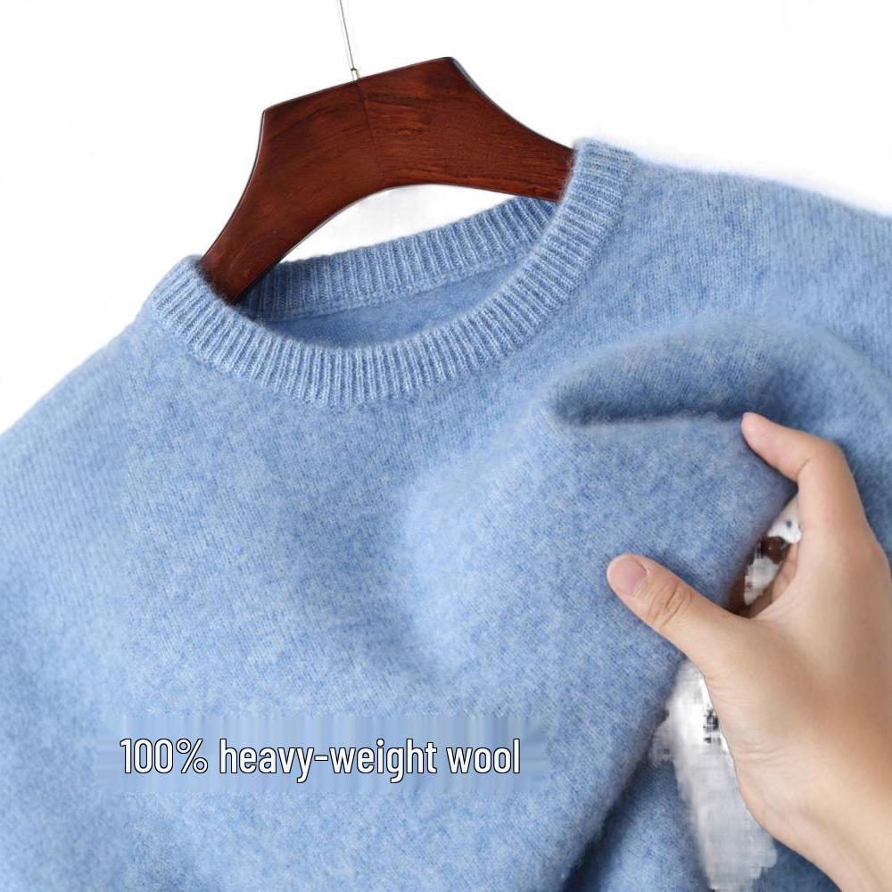 Men's 100% Wool Round Neck Loose Casual Sweater - Thickened Long Sleeve Knitwear