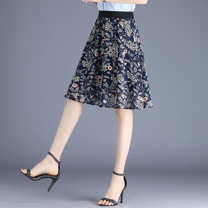 Šifonová midi sukně pro ženy na léto s vysokým pasem zeštíhlující a ležérní květinová sukně do A