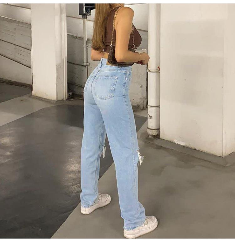 High-Waist Straight-Leg Blue Denim Jeans for Women