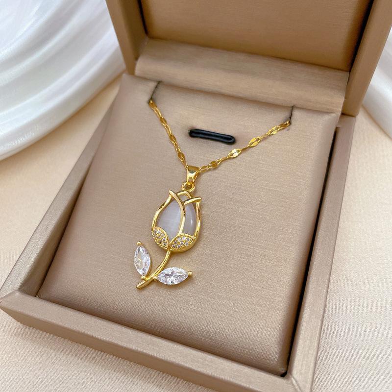 DIEYURO 316L Stainless Steel Fashion Leaf Tulip Flower Inlaid Crystal Pendant Necklace For Girl New Clavicle Chain Jewelry Gift