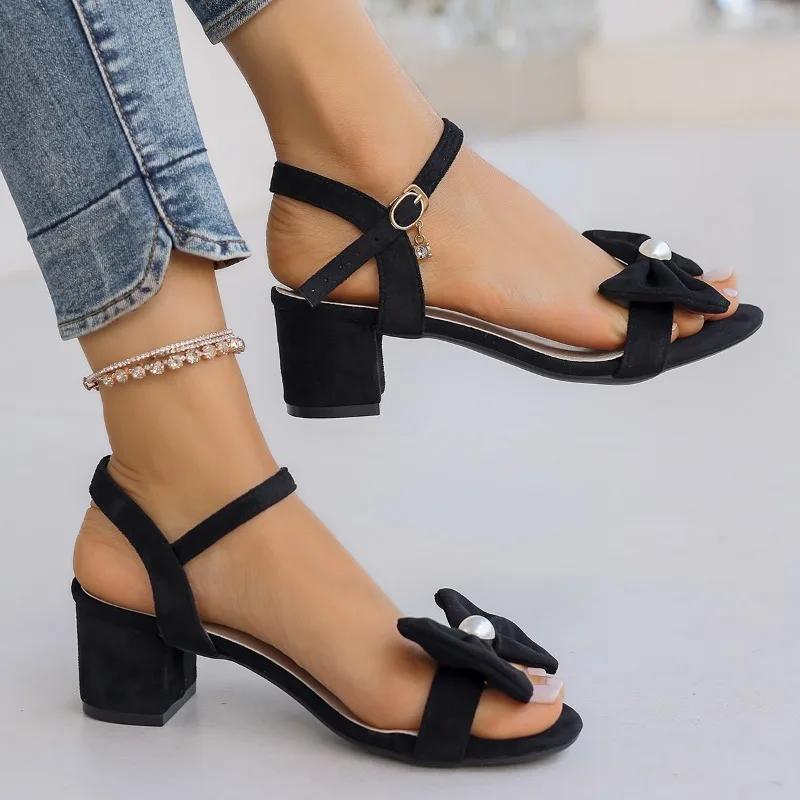 Ladies Shoes  Plus Size Modern Women's SandalsDress Sandals Women Bow Tie Buckle Strap Med Heel Open Toe Shoes Women