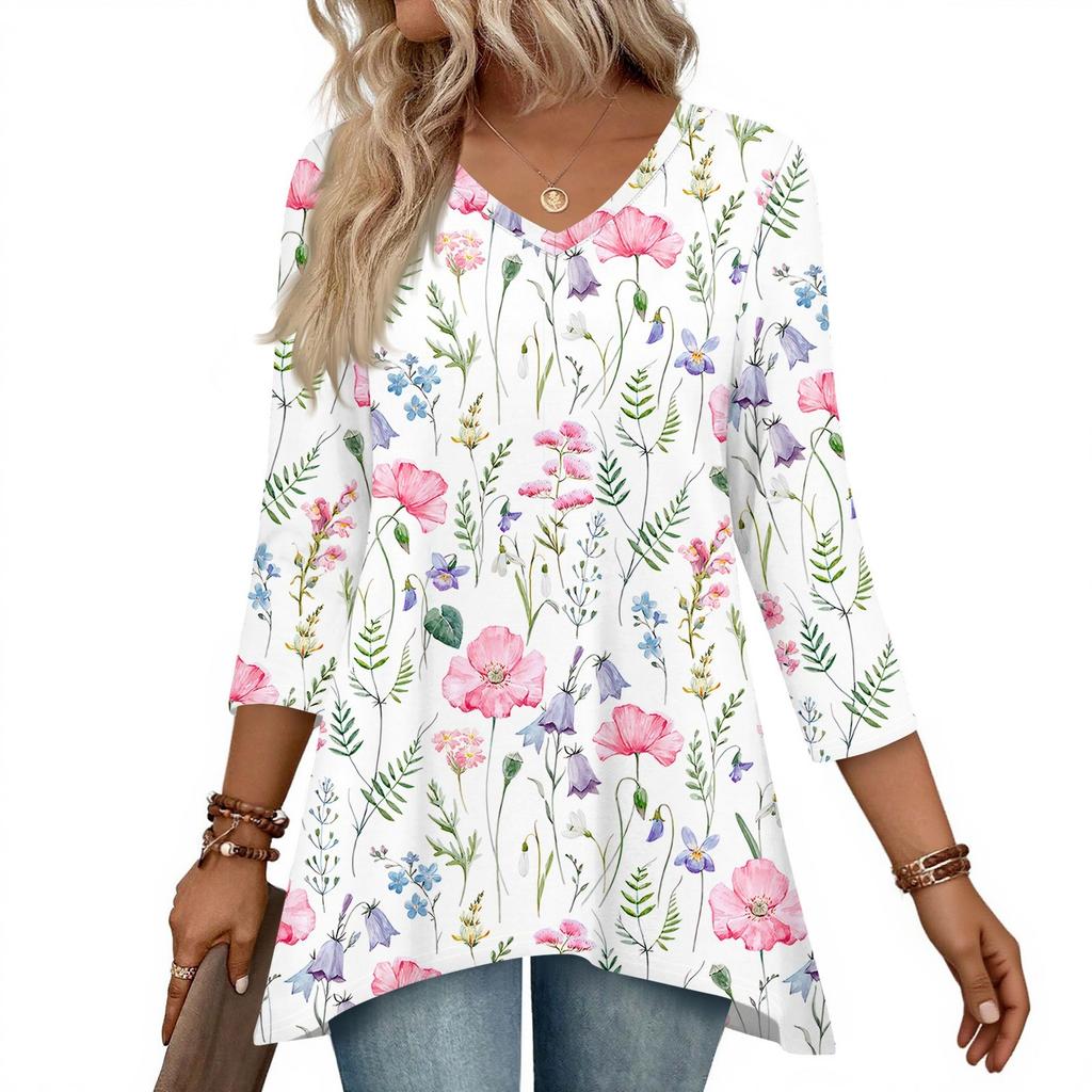 Dámské topy s výstřihem do V a 3/4 rukávem, ležérní košile střední délky, módní tuniky s potiskem