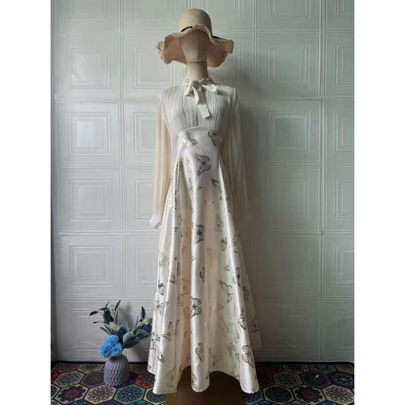 Elegant Long Sleeve Maxi Dress With Gold Foil Print Lantern Sleeves A-Line Skirt Women 2025