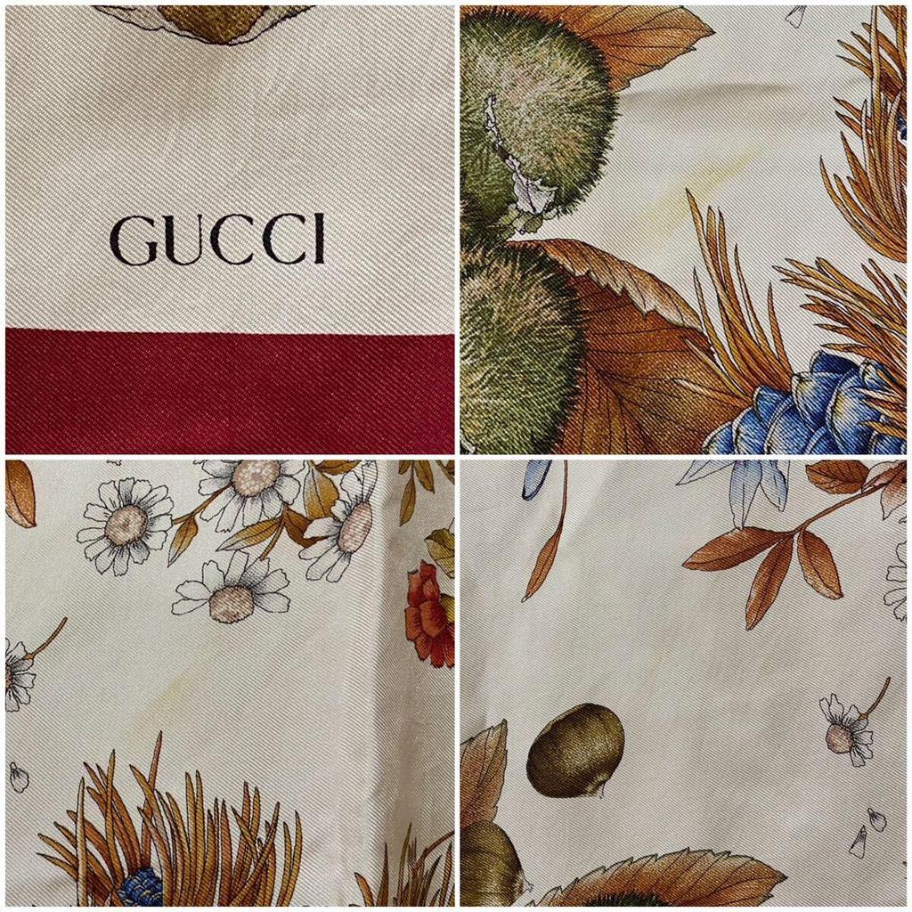 Used GUCCI Large Silk Scarf Botanical Print Autumn Old Gucci