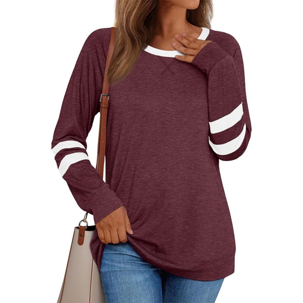 New Women's Patchwork Long Sleeve T-shirt, Casual Loose Crew Neck Top for Women, European American Style, Crossborder Apparel