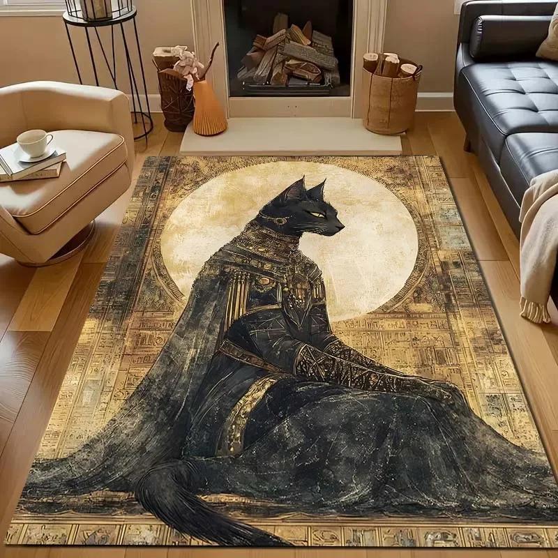 New Shelves! Egyptian Mythology Black Cat Carpet, Living Room Bedroom Office Children's Room Rugs, Non-slip Machine Washable Mat