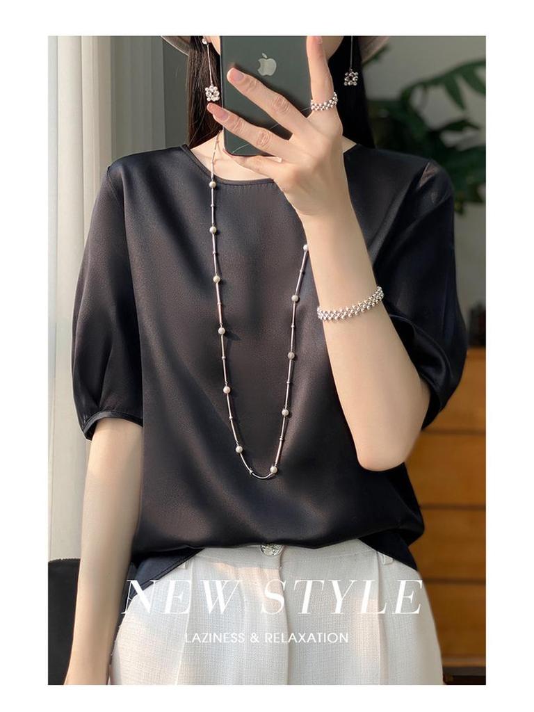 Satin Round Neck Half-Sleeve Loose T-Shirt for Women