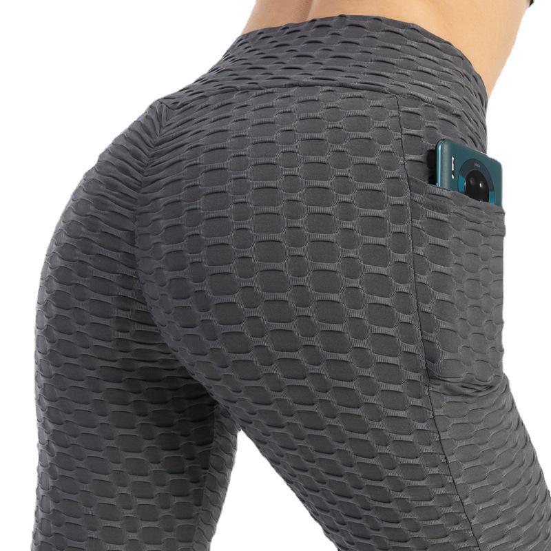 High Waist Peach Lift Yoga Leggings with Pocket & Jacquard Design