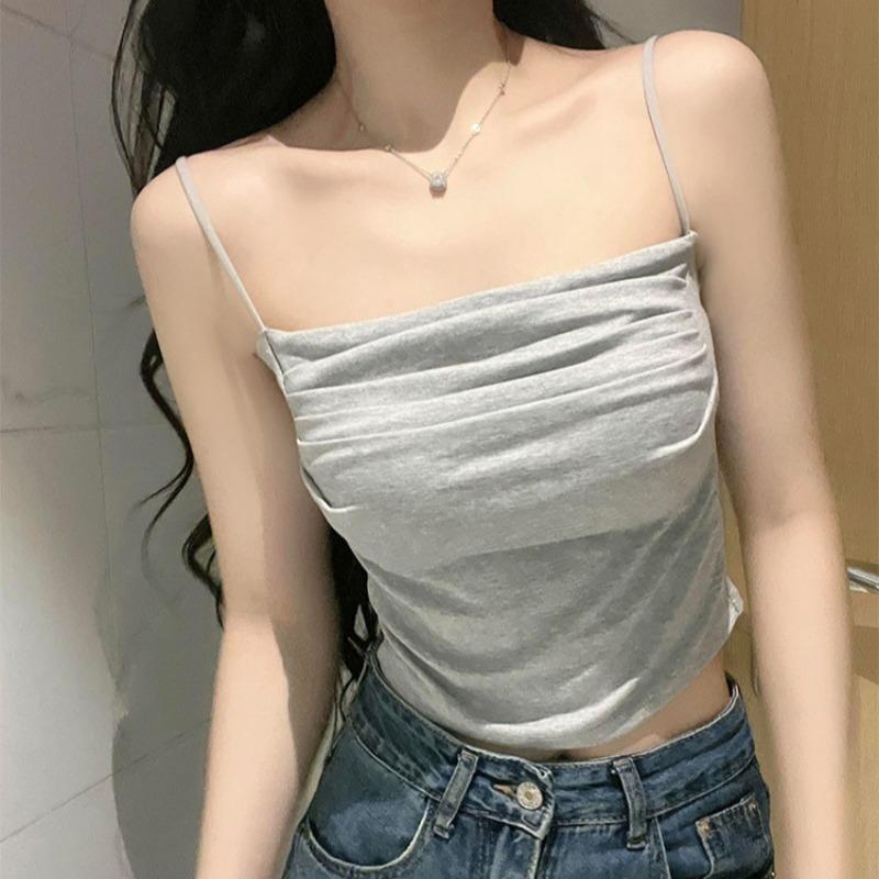 Women's Pleated Camisole Top Summer One Neck Tank Top Women's Slimming Street Top Girls' Chest Cushion Pure Desire Camis